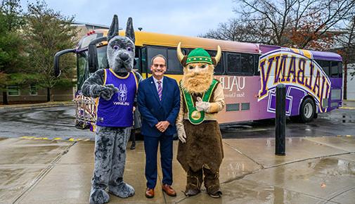 UAlbany President Rodríguez with Viking and Great Dane mascot